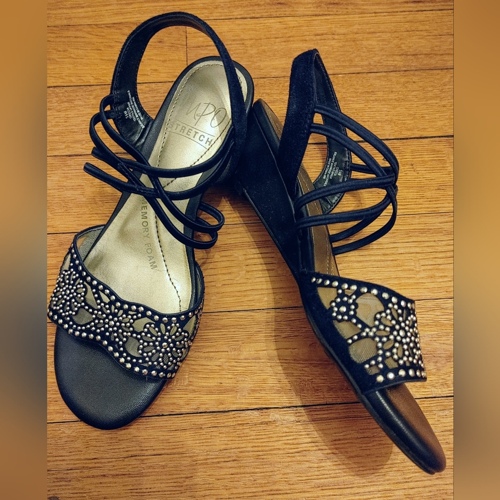 Impo “Geum” Embellished Stretch Wedge Sandals – Size 5.5M – Navy Blue
